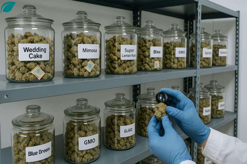 A-shot-of-a-clean-organized-and-climate-controlled-storage-room-with-large-airtight-glass-jars-filled-with-different-strains-of-cannabis-flower-neatly-arranged-on-professional-metal-shelving A shot of a clean, organized, and climate-controlled storage room. Large, airtight glass jars filled with different strains of cannabis flower are neatly arranged on professional metal shelving. Each jar is clearly labeled, and small humidity control packs are visible inside some, illustrating best practices for preserving potency in a wholesale operation.