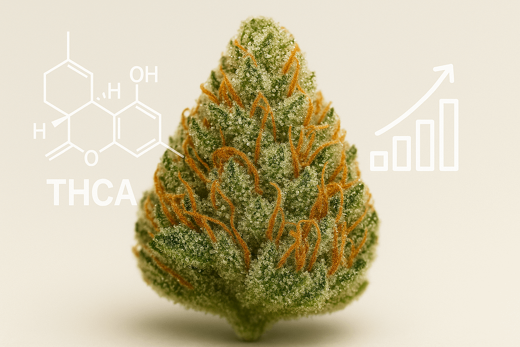 A striking macro photograph of a high quality cannabis bud its surface glistening with crystalline THCA trichomes