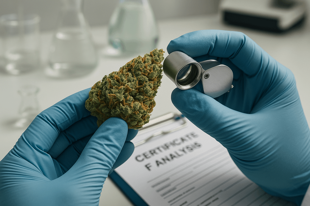 A close up shot of a lab technicians gloved hands carefully examining a large trichome rich cannabis bud with a jewelers loupe