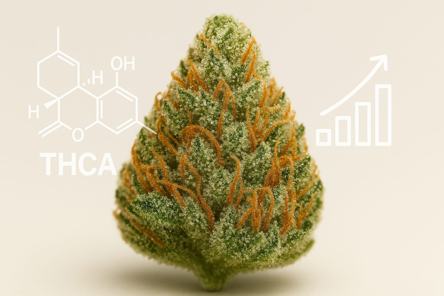 A striking macro photograph of a high-quality cannabis bud, its surface glistening with crystalline THCA trichomes. The background is clean with subtle digital overlays of a molecular structure and a rising stock graph, conveying a theme of science, growth, and business in the THCA wholesale market.